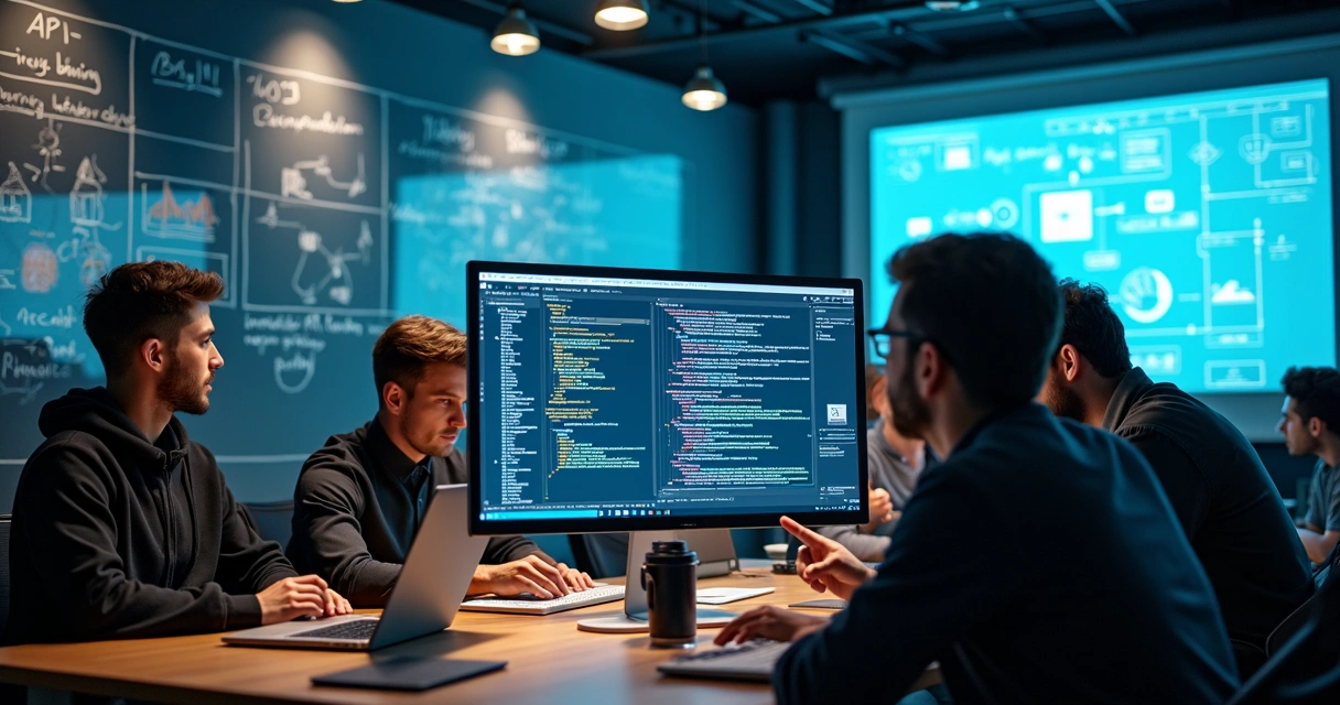 Equipe de tecnologia com computadores discutindo integração de APIs 