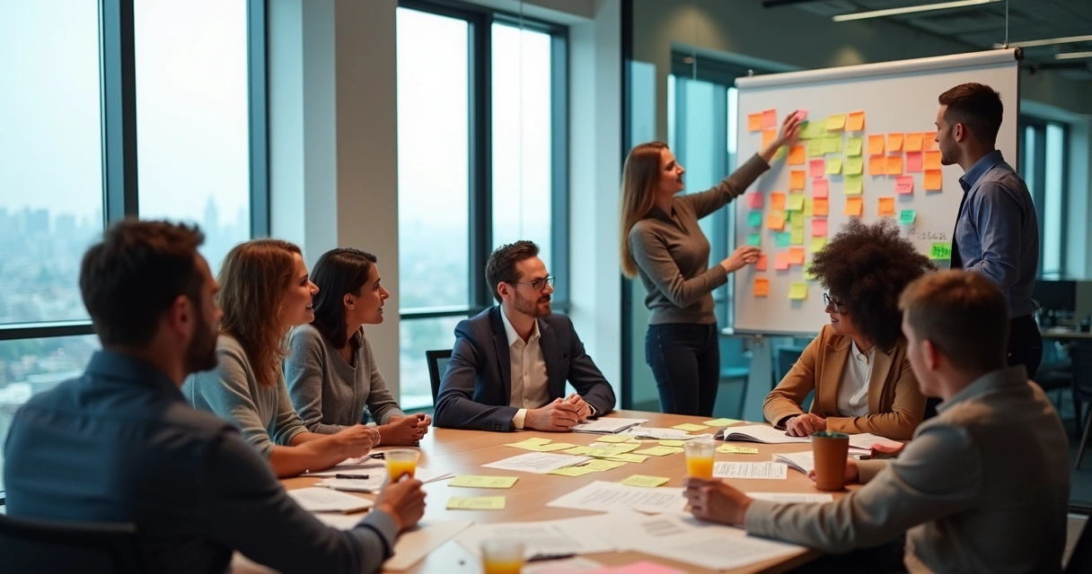 Equipe de inovação colaborando em uma sala de reunião com post-its coloridos distribuídos em um quadro branco 