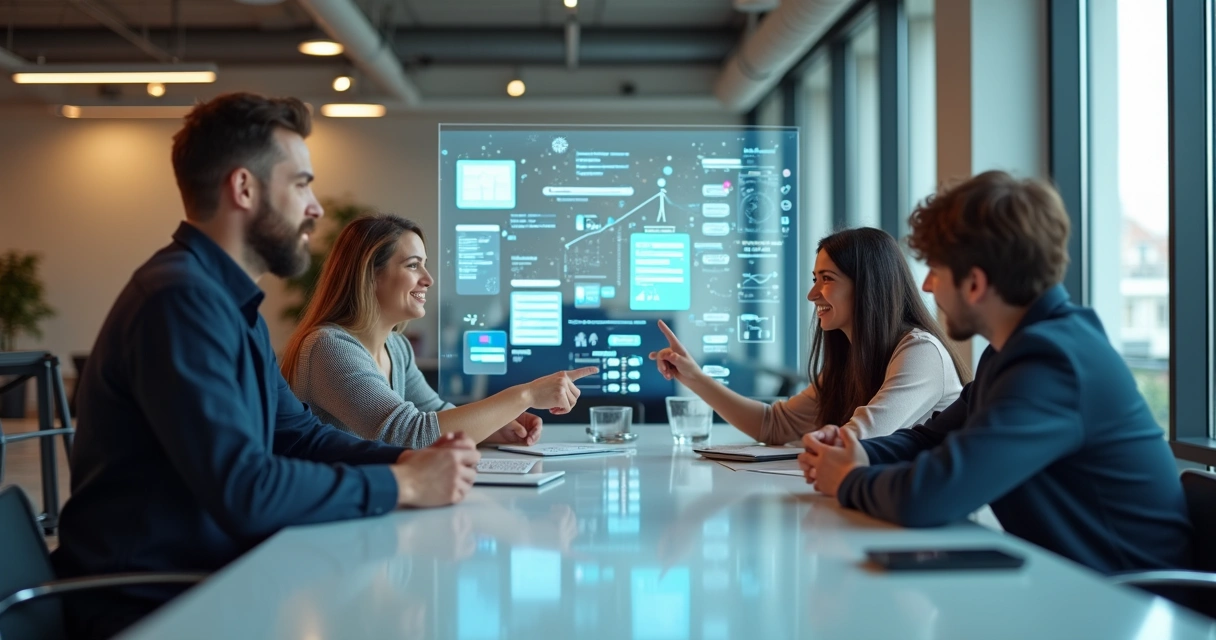 Equipe de trabalho interage com assistente virtual de IA em sala de reunião 