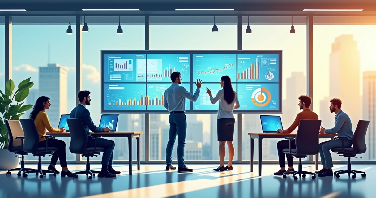 Equipe de contabilidade em sala colaborativa com painéis digitais 