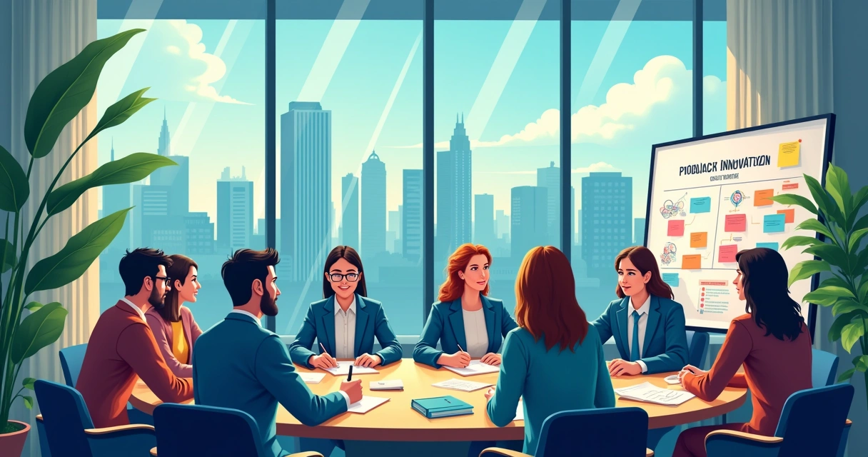 Uma equipe diversificada em um ambiente corporativo discutindo ideias inovadoras com um skyline ao fundo.