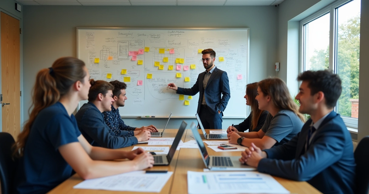 Equipe de escola de futebol reunida discutindo novas ideias