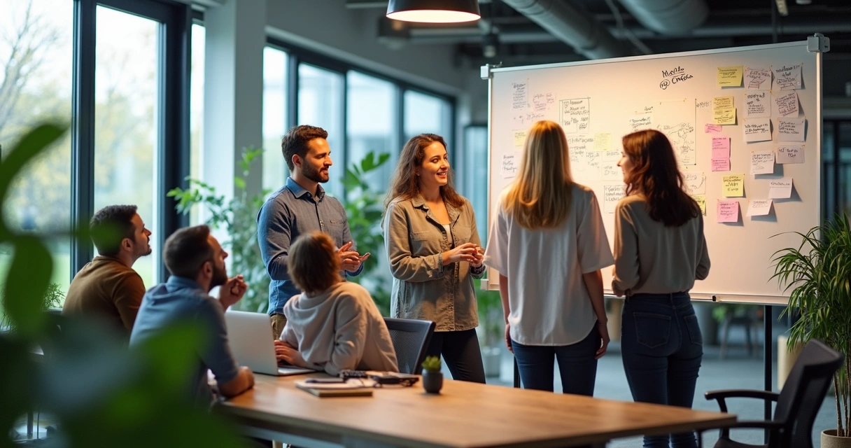 Equipe reunida em sala moderna, discutindo ideias em painel
