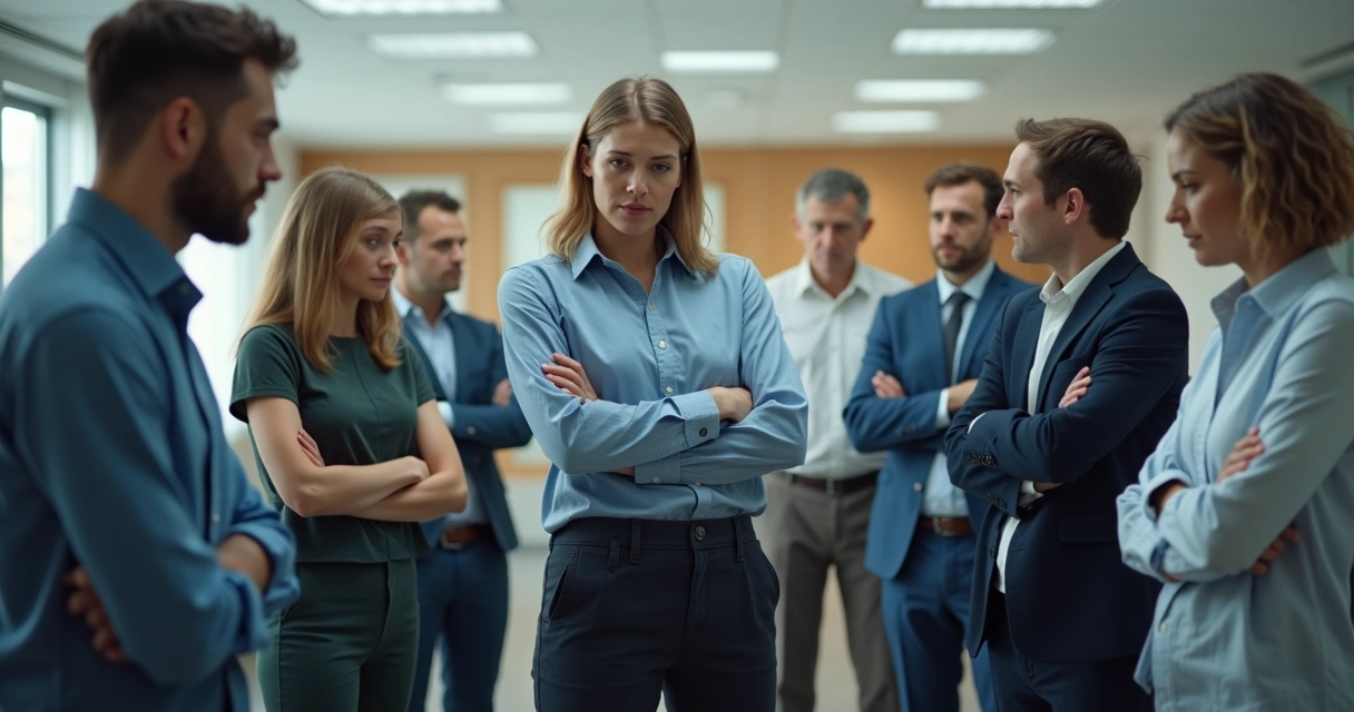 Equipe de escritório pública em círculo, uns de braços cruzados, olhando para baixo, transmitindo insegurança 