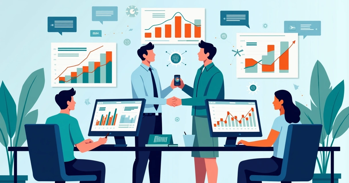 Equipe inside sales conectada a dados, computadores e gráficos de vendas 