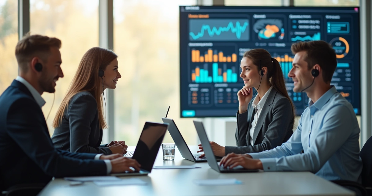 Equipe de vendas em reunião online usando notebook e headset 