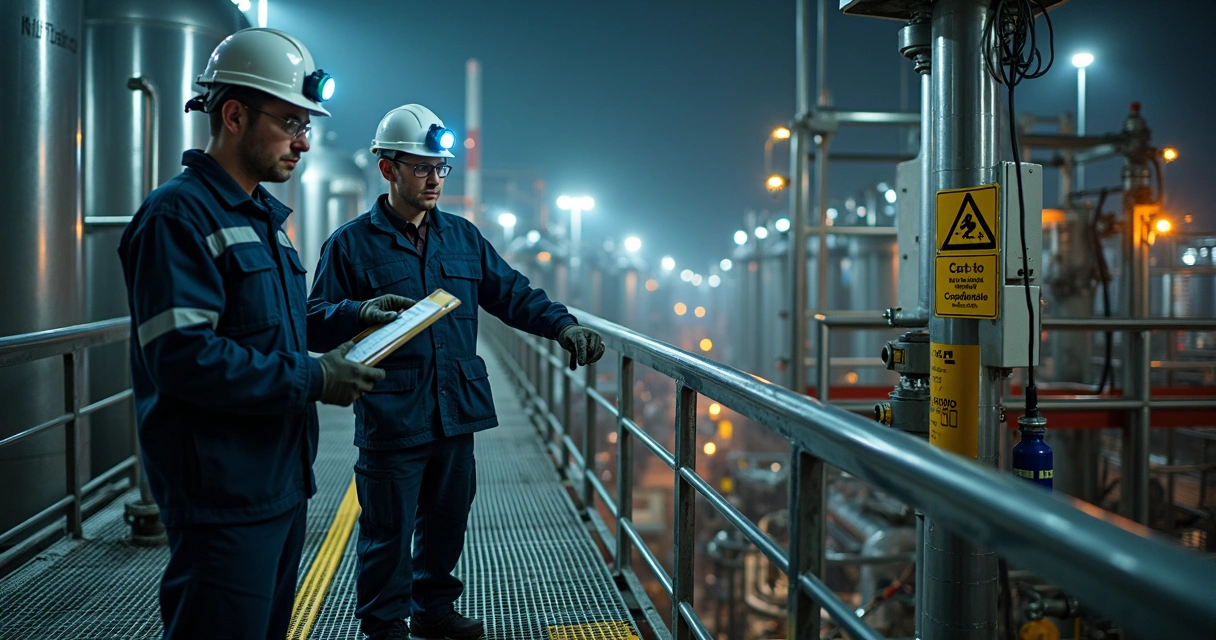Equipe de inspeção avaliando tubulações em área industrial classificada 