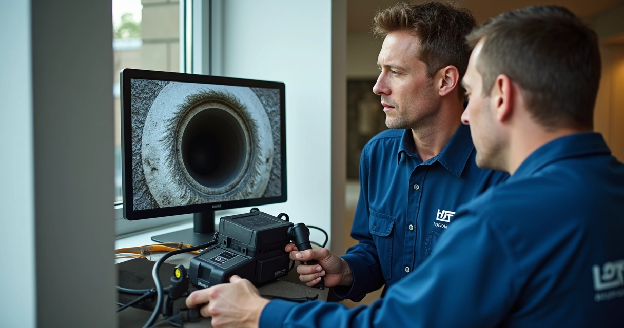 Técnicos operando uma câmara de inspeção em tubagem de esgoto de hotel moderno 