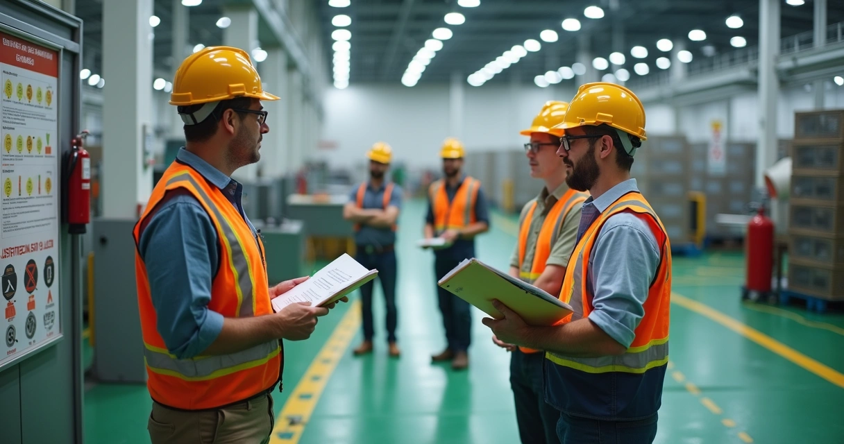 Gestor orienta equipe de segurança em área industrial organizada antes de inspeção 