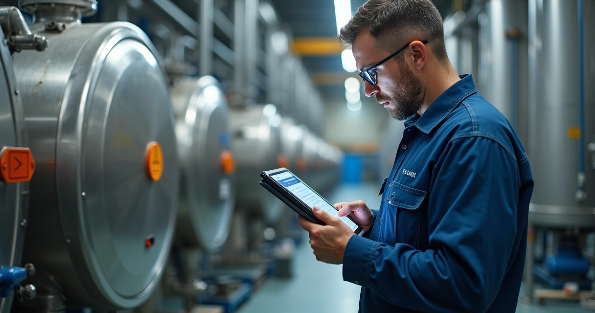 Técnico utilizando tablet para inspeção de vaso de pressão 