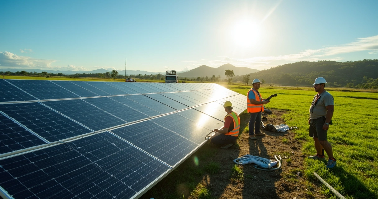 Profissionais instalando painéis solares no solo 