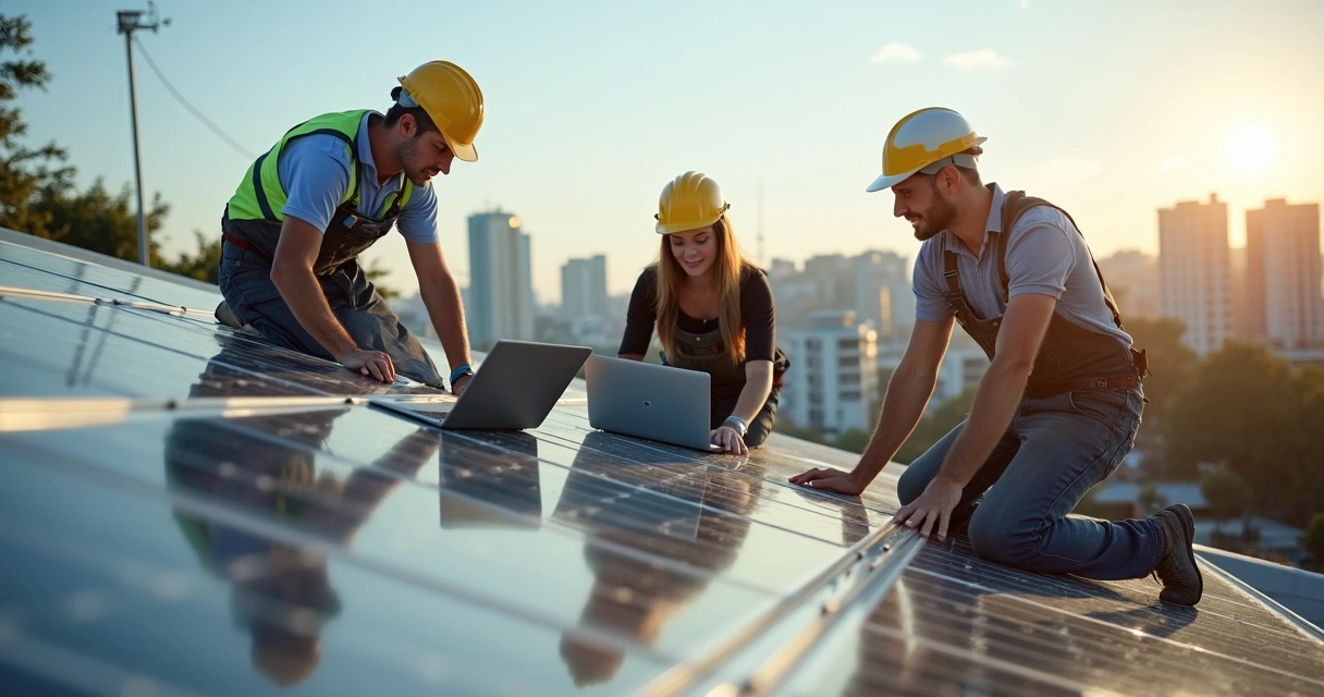 Equipe de instalação de energia solar avaliando projeto 