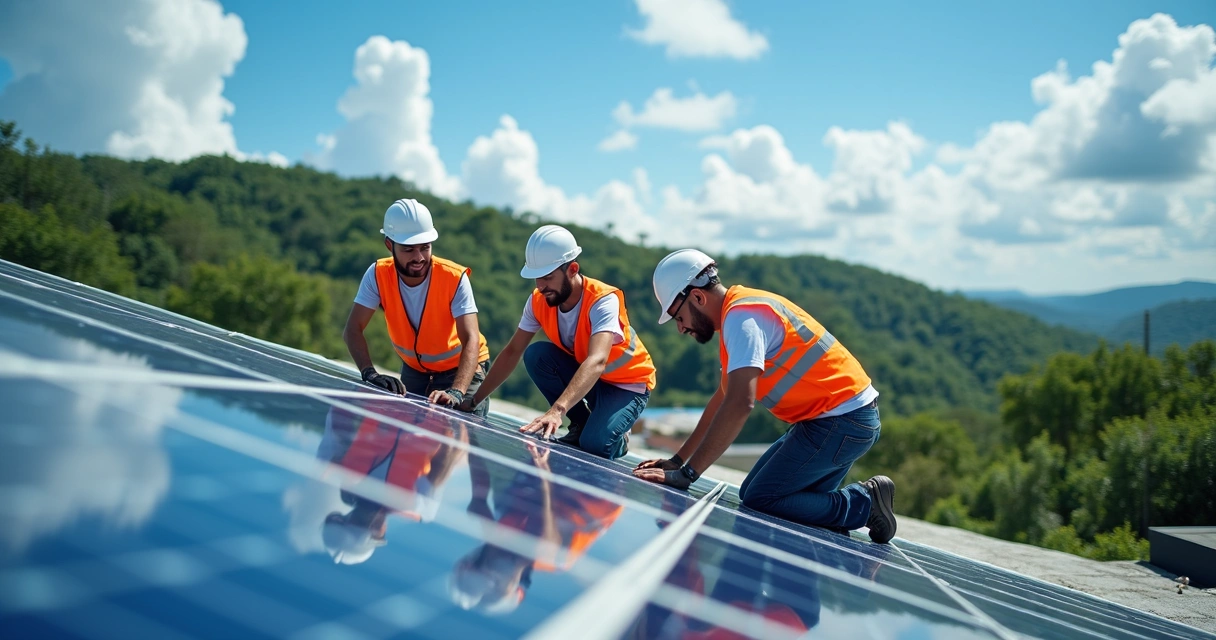 Equipe de obra instalando painéis solares em prédio brasileiro 