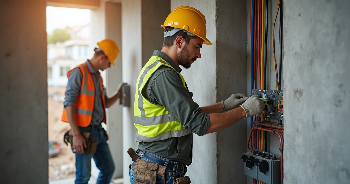 Técnicos instalando tubulação elétrica em obra civil 