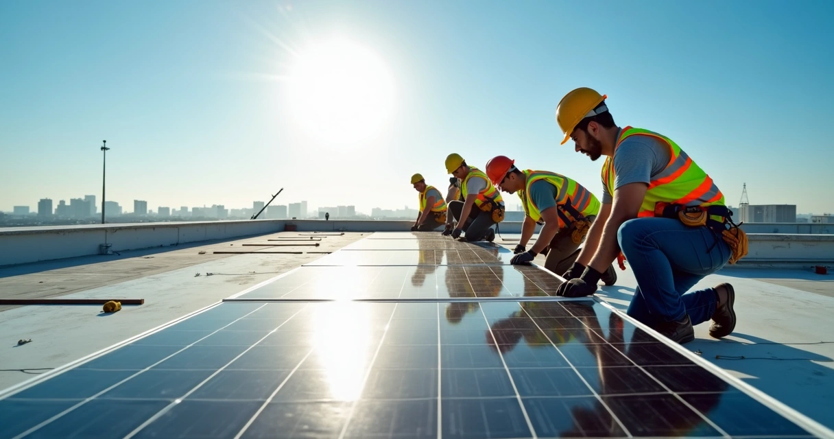 Equipe instalando painéis solares em telhado empresarial 