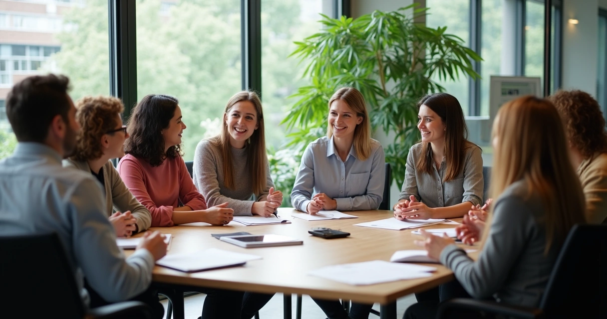 Equipe institucional sentada em círculo em diálogo construtivo, papéis na mesa, ambiente iluminado 