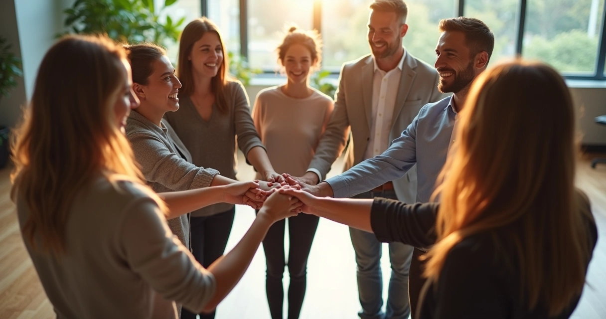 Equipe em sala ampla, de mãos dadas, formando um círculo, simbolizando confiança e integração.