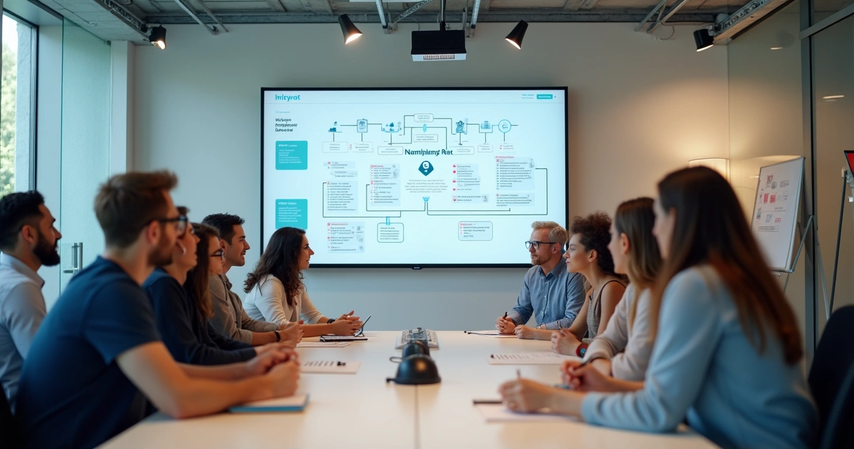 Equipe reunida em sala de reunião acompanhando tela com fluxos de chatbot 