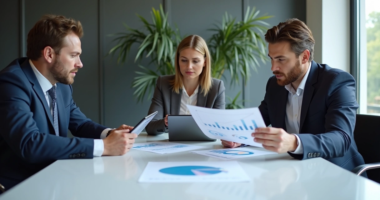 Equipe comercial avaliando relatório de integração entre feedback e finanças