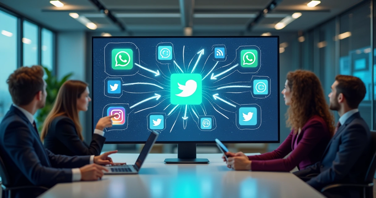 Equipe de tecnologia reunida analisando integrações entre sistemas em um monitor 