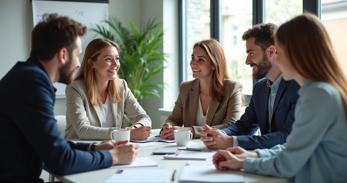 Equipe de trabalho reunida demonstrando confiança e colaboração. 