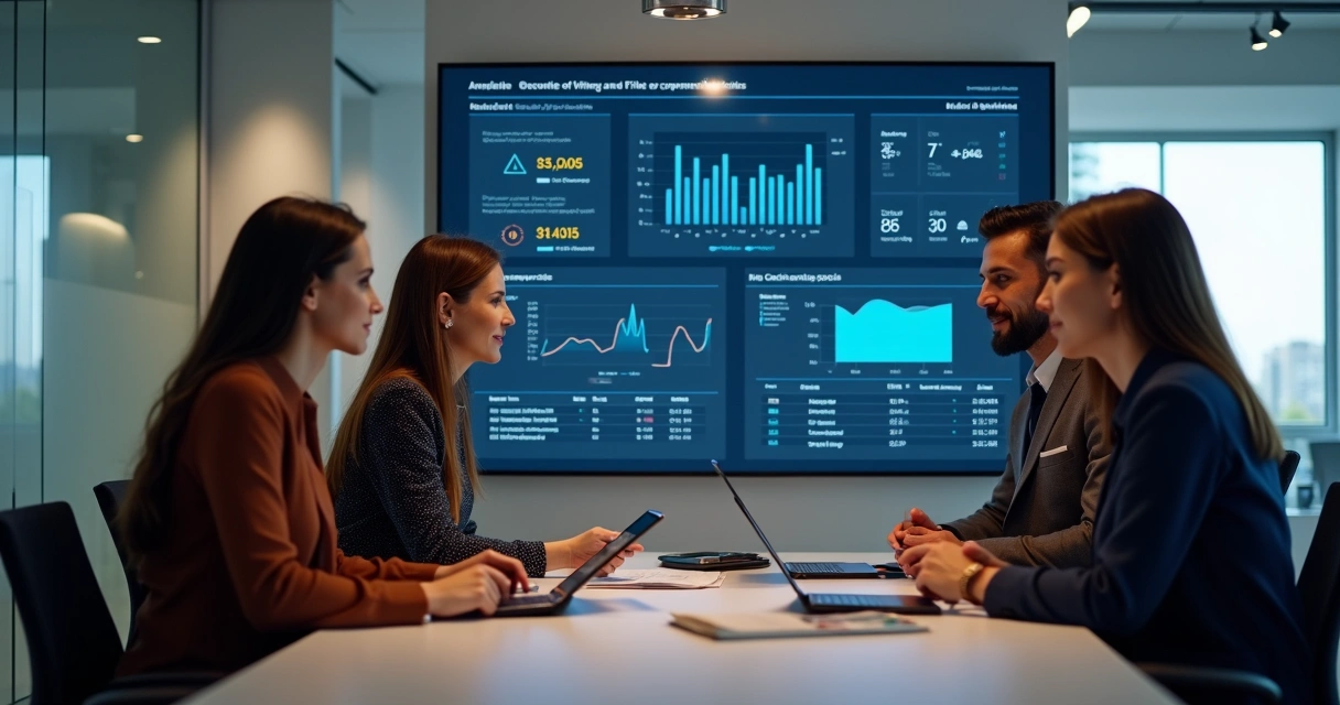 Equipe reunida no escritório revisando controle fiscal automatizado 