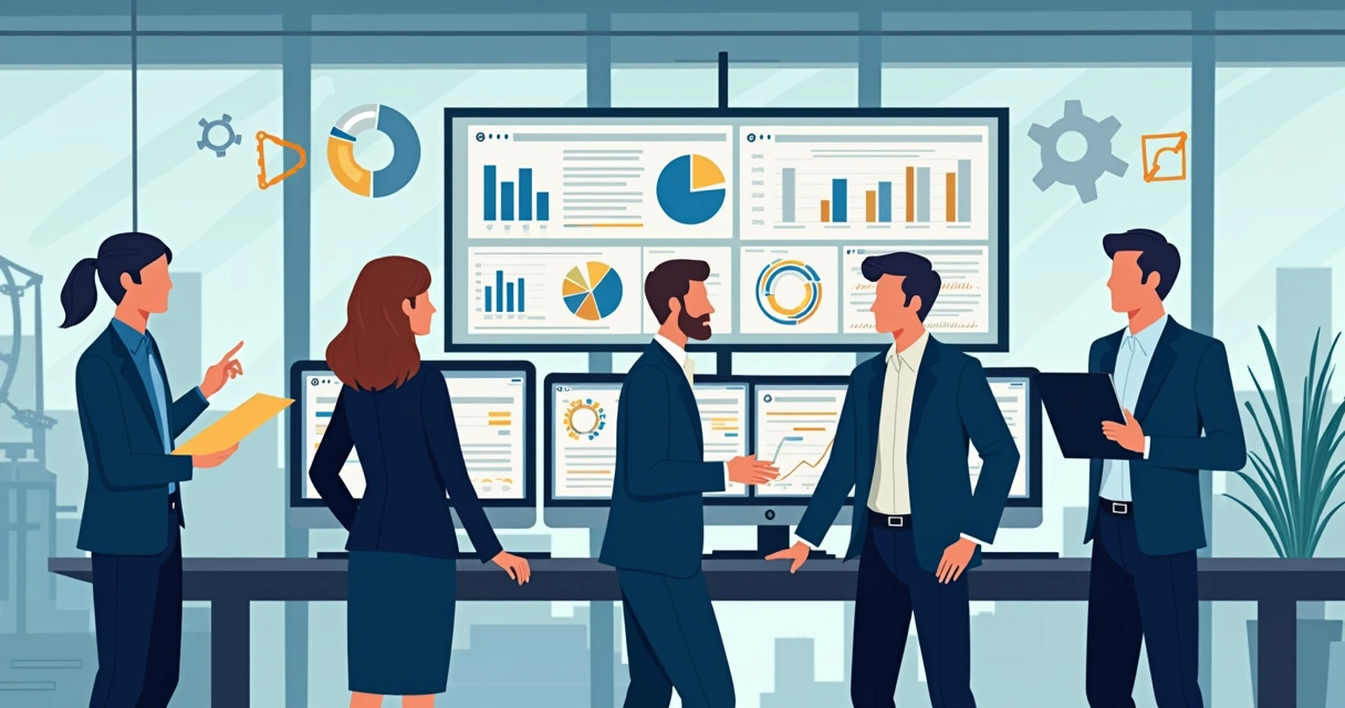 Equipe de profissionais da indústria analisando dados em diferentes telas de computador 