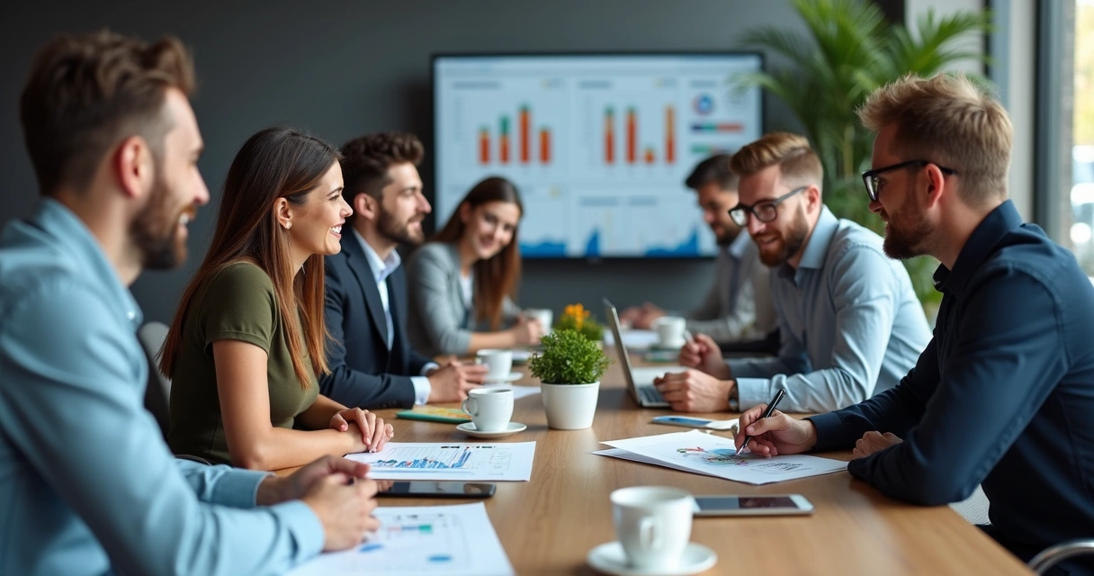 Equipe de marketing e vendas de agência reunida analisando dados juntos