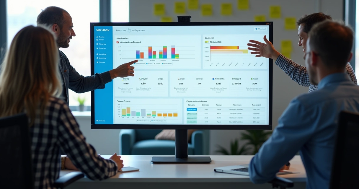 Equipe de TI reunida ao redor de tela exibindo dashboard unificado 