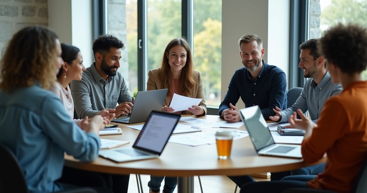 Equipe profissional colaborando em uma mesa redonda