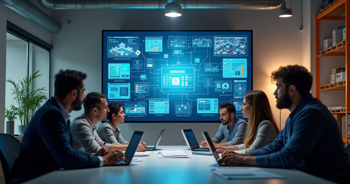 Equipe logística reunida implementando WMS na empresa 