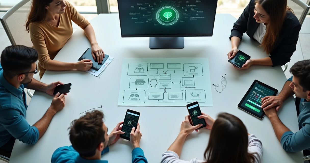 Equipe reunida analisando integrações de WhatsApp na tela 
