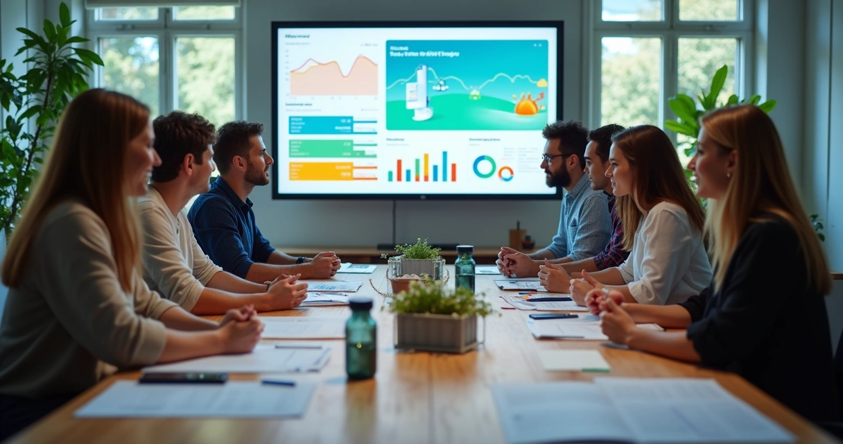 Equipe de empresa média reunida ao redor de uma grande mesa, olhando para gráficos coloridos e telas mostrando WhatsApp, Instagram e CRM integrados, com papéis e canetas à mão 