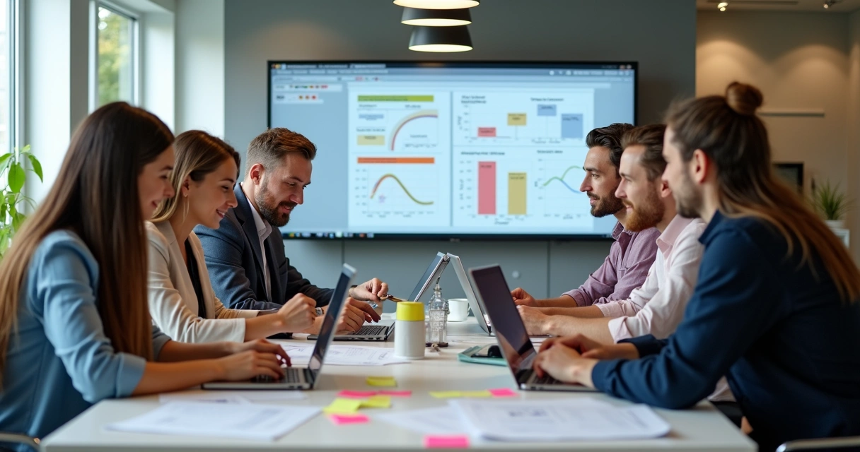 Equipe de colaboradores configurando novo sistema em escritório 