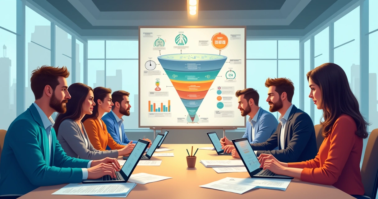Reunião de equipe misturando dados digitais e cadernos, simbolizando integração de inbound e outbound 