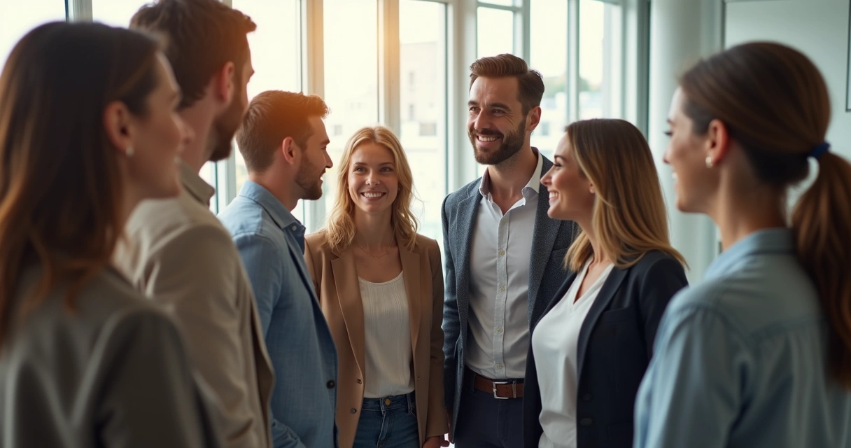 Equipe reunida em círculo, focada em integração de novos membros