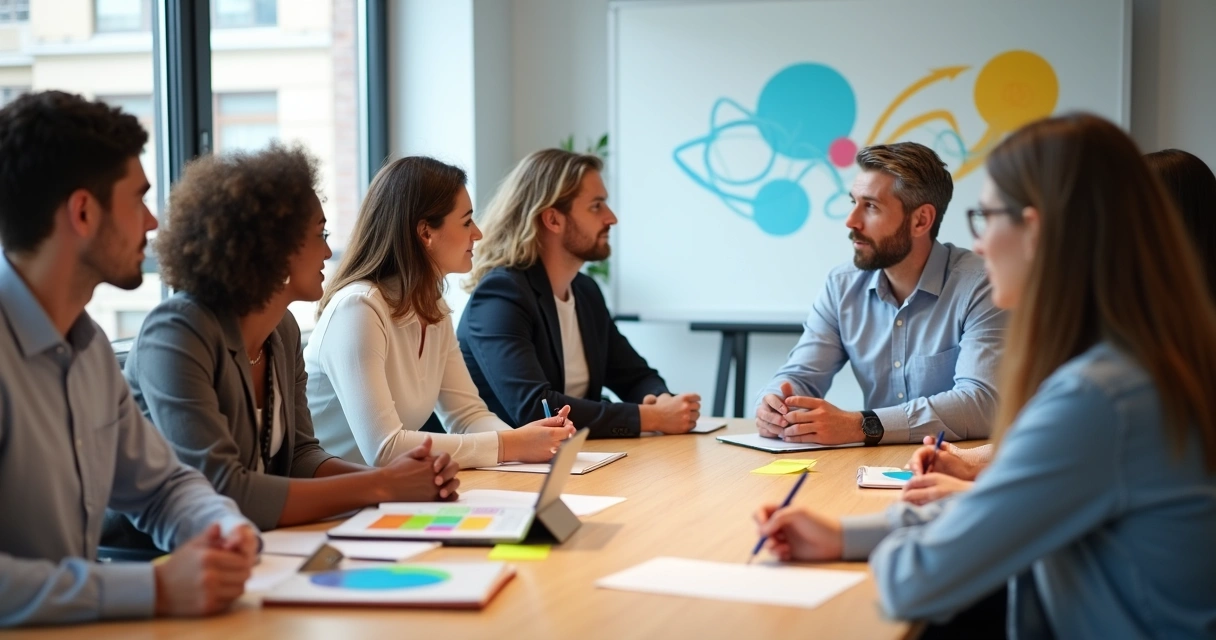 Equipe diversa em reunião colaborativa com foco em inteligência emocional coletiva 