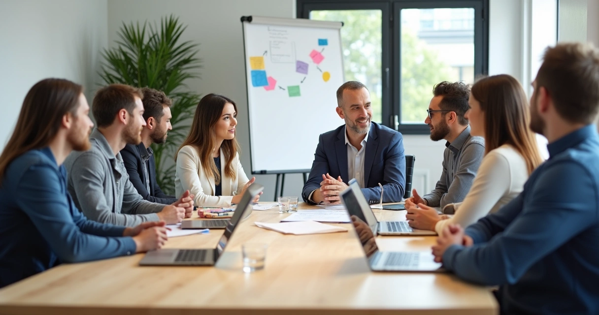 Equipe diversa em reunião colaborativa mostrando inteligência emocional no trabalho 