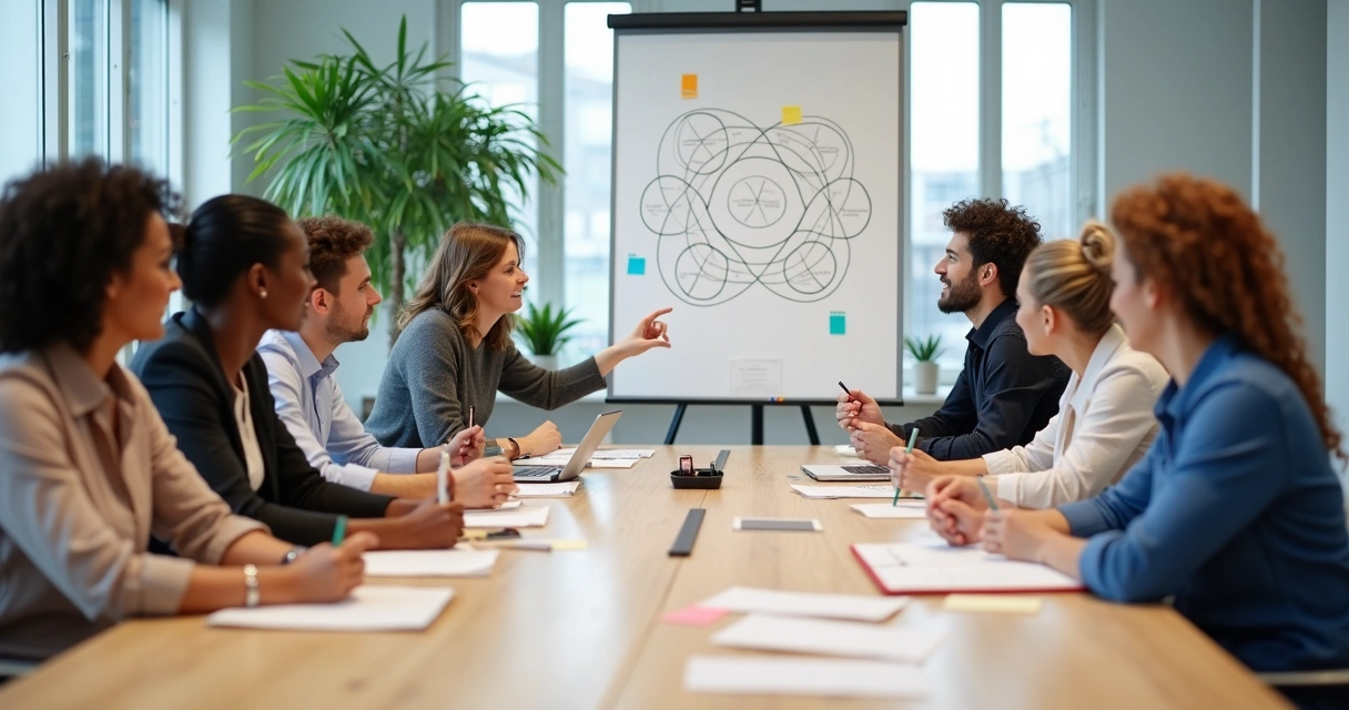 Equipe diversa em reunião colaborativa usando inteligência relacional 