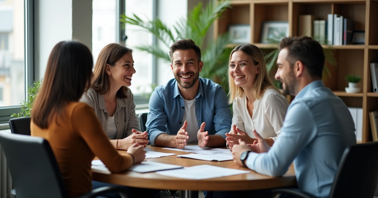 Equipe corporativa trocando ideias em mesa redonda 