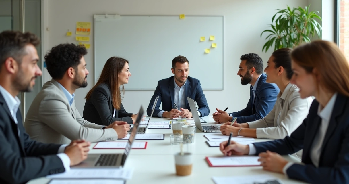 Equipe reunida em torno de uma mesa, conversando em círculo 