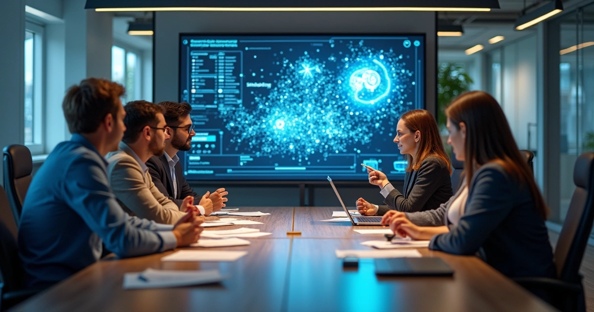 Equipe interdisciplinar trabalhando com inteligência artificial 