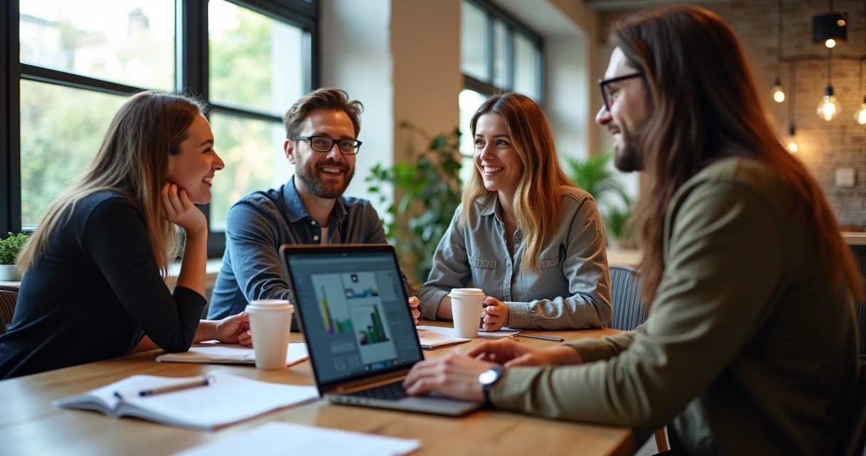Equipe pequena usando ferramenta de conteúdo em ambiente de coworking