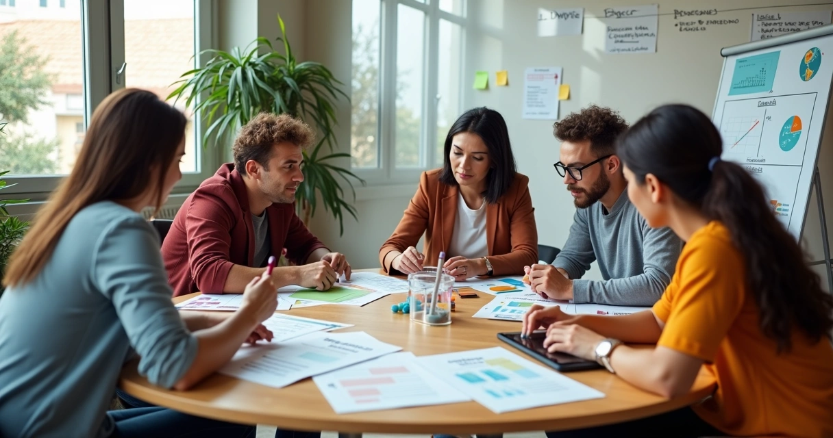 Equipe diversa reunida em volta de mesa circular analisando ideias de negócio 