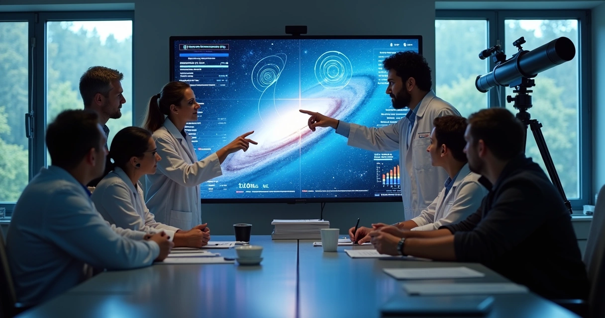 Cientistas discutindo dados em frente a painéis de imagens do universo
