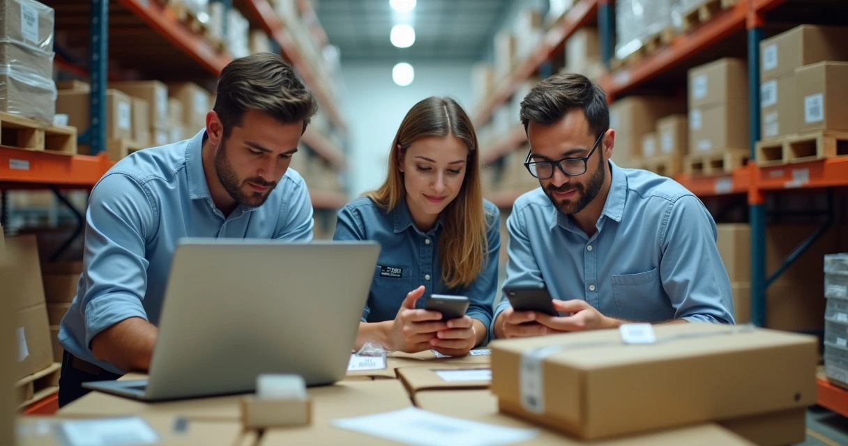 Equipe empresarial usando celulares para inventário digital de estoque