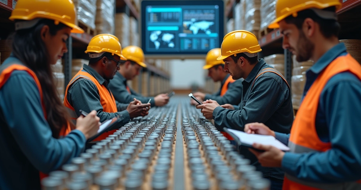 Equipe conferindo coqueteleiras com tablets no estoque 