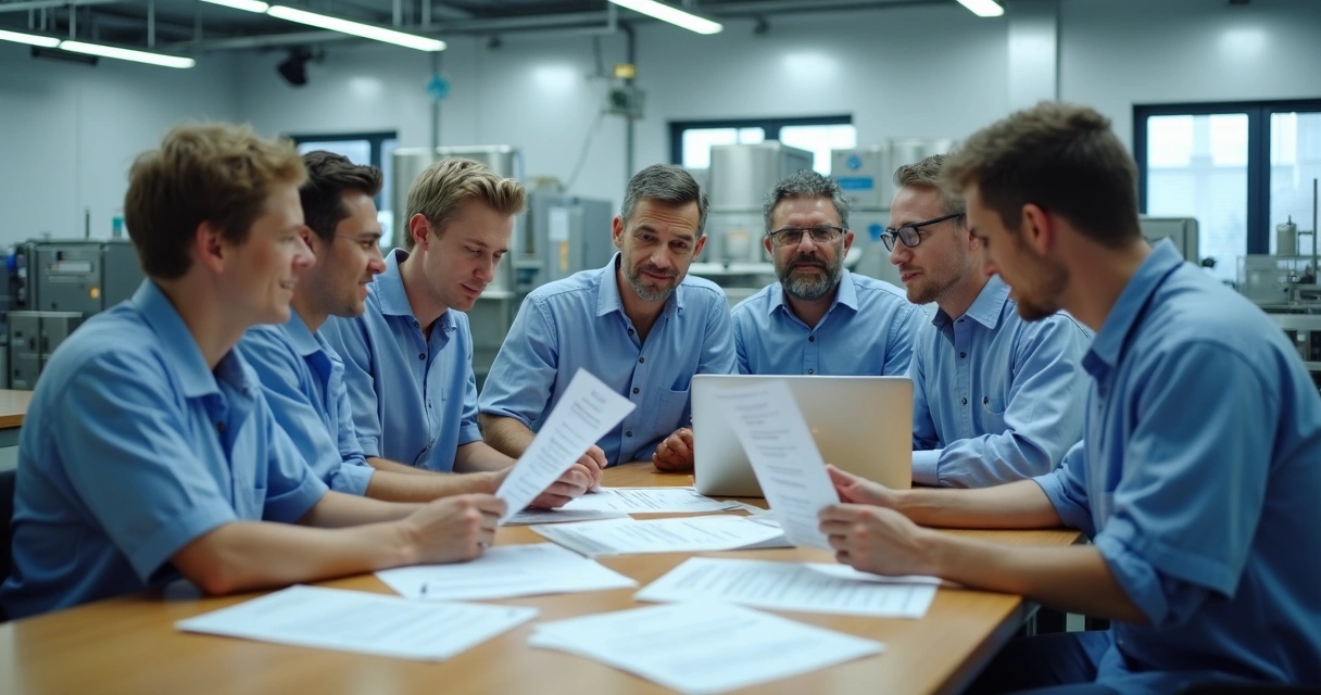 Equipe reunida em indústria analisando documentos