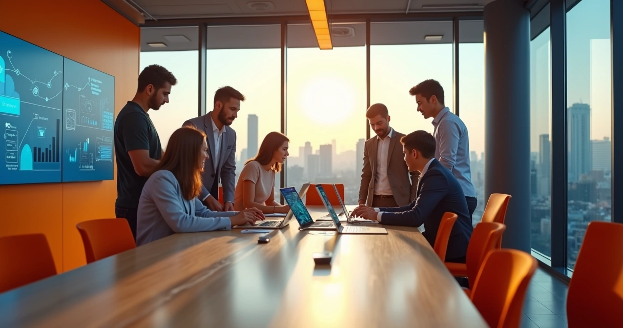 Equipe diversa em espaço moderno colaborativo do Itaú discutindo carreira bancária 