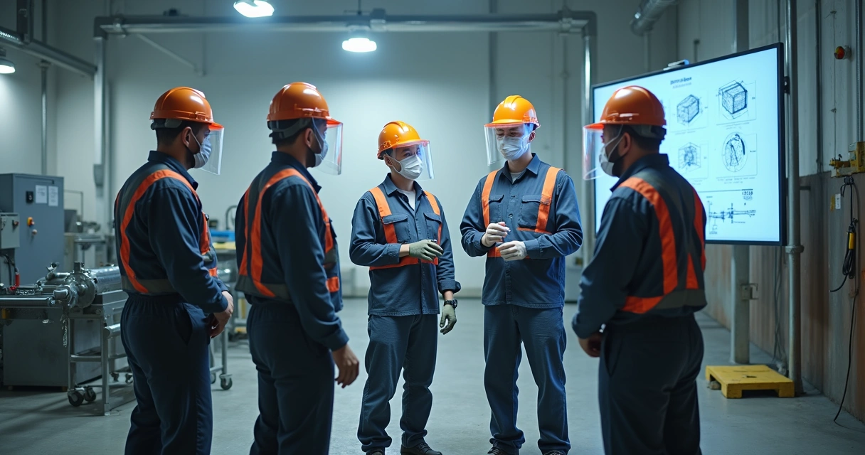 Equipe de operadores em treinamento de jateamento industrial